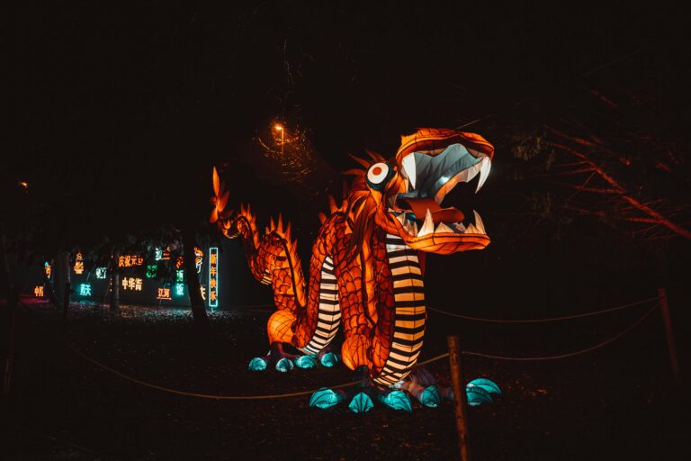 Illuminated dragon lights up the night at a colorful lantern festival.